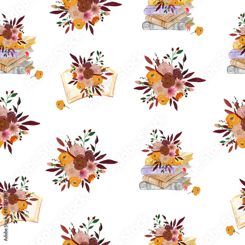 Seamless pattern with books and flower arrangements. The composition for the design of the fabric. An illustration for a holiday, a party and invitations. Decoration for the interior. Autumn drawing. © Nataliya