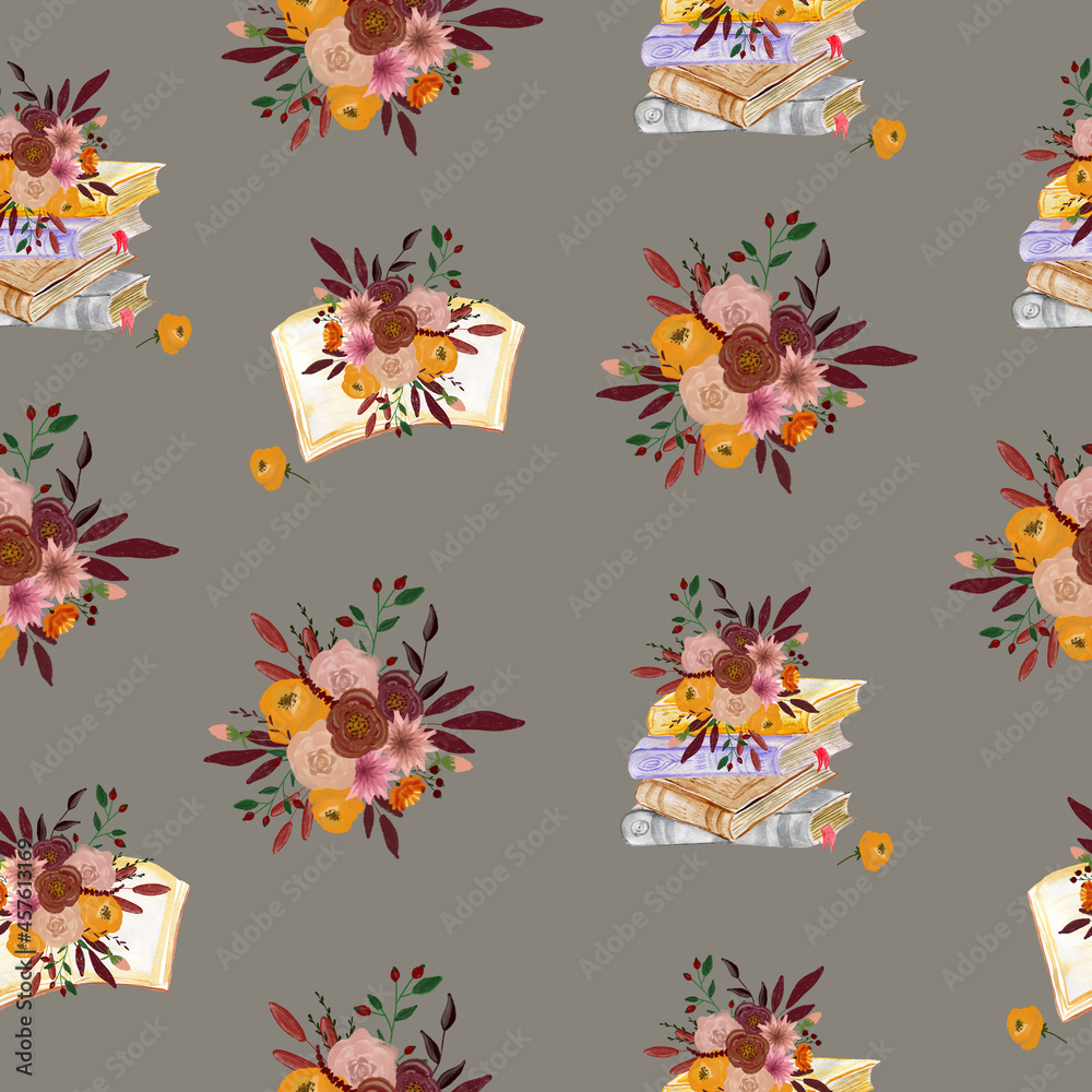 Seamless pattern with books and flower arrangements. The composition for the design of the fabric. An illustration for a holiday, a party and invitations. Decoration for the interior. Autumn drawing.