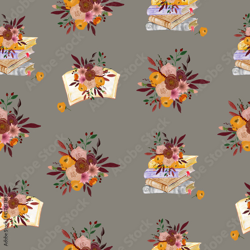 Seamless pattern with books and flower arrangements. The composition for the design of the fabric. An illustration for a holiday  a party and invitations. Decoration for the interior. Autumn drawing.