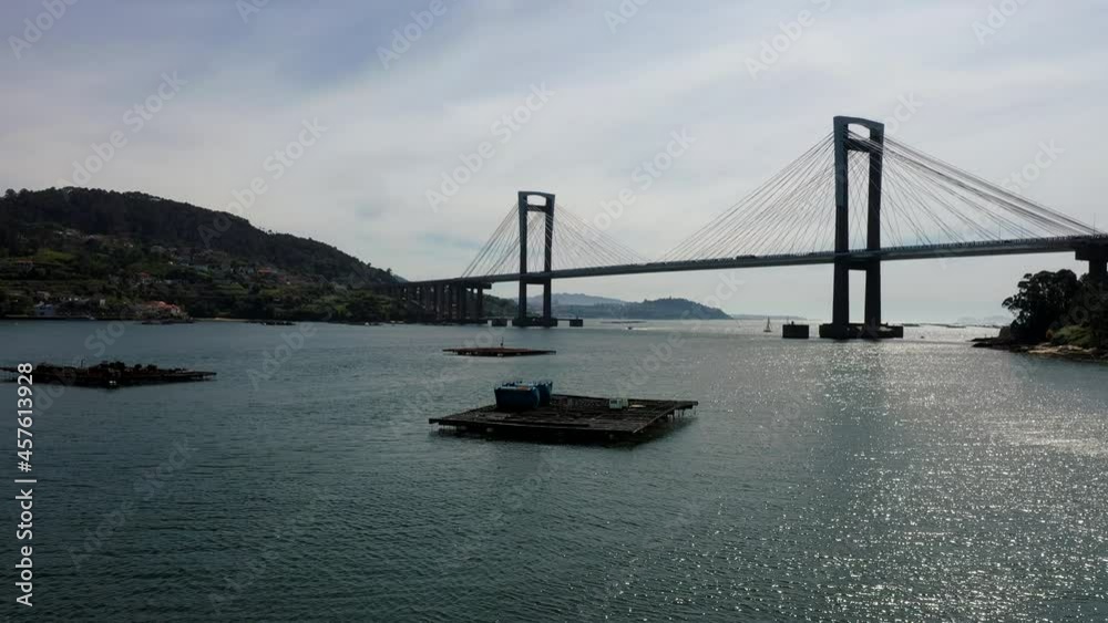 AERIAL PAN RIGHT near mussels farming structures and Rande bridge in spanish coast