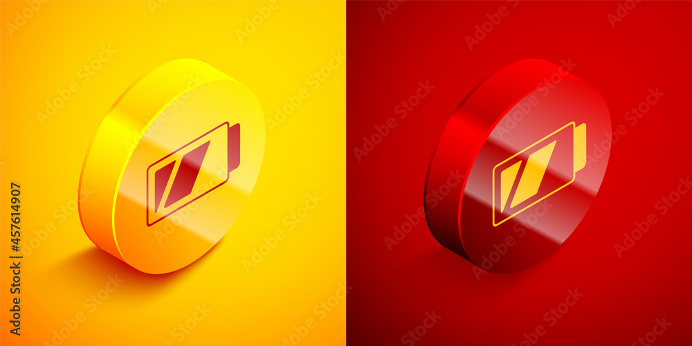 Isometric Battery for camera icon isolated on orange and red background. Lightning bolt symbol. Circle button. Vector Isometric Battery for camera icon isolated on orange and red background. Lightning bolt symbol. Circle button. Vector