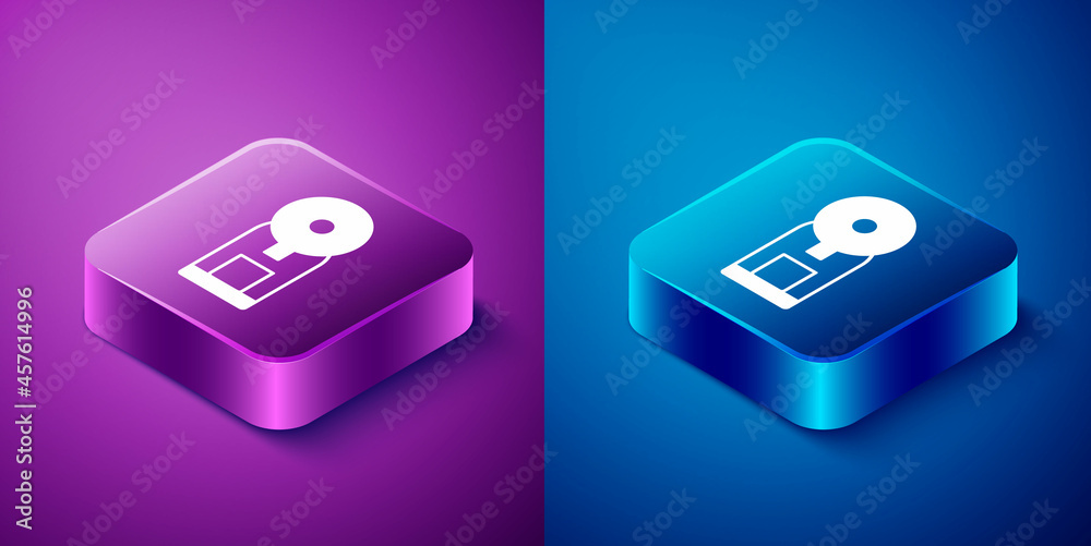 Isometric Smart coffee machine system icon isolated on blue and purple background. Internet of things concept with wireless connection. Square button. Vector Isometric Smart coffee machine system icon isolated on blue and purple background. Internet of things concept with wireless connection. Square button. Vector