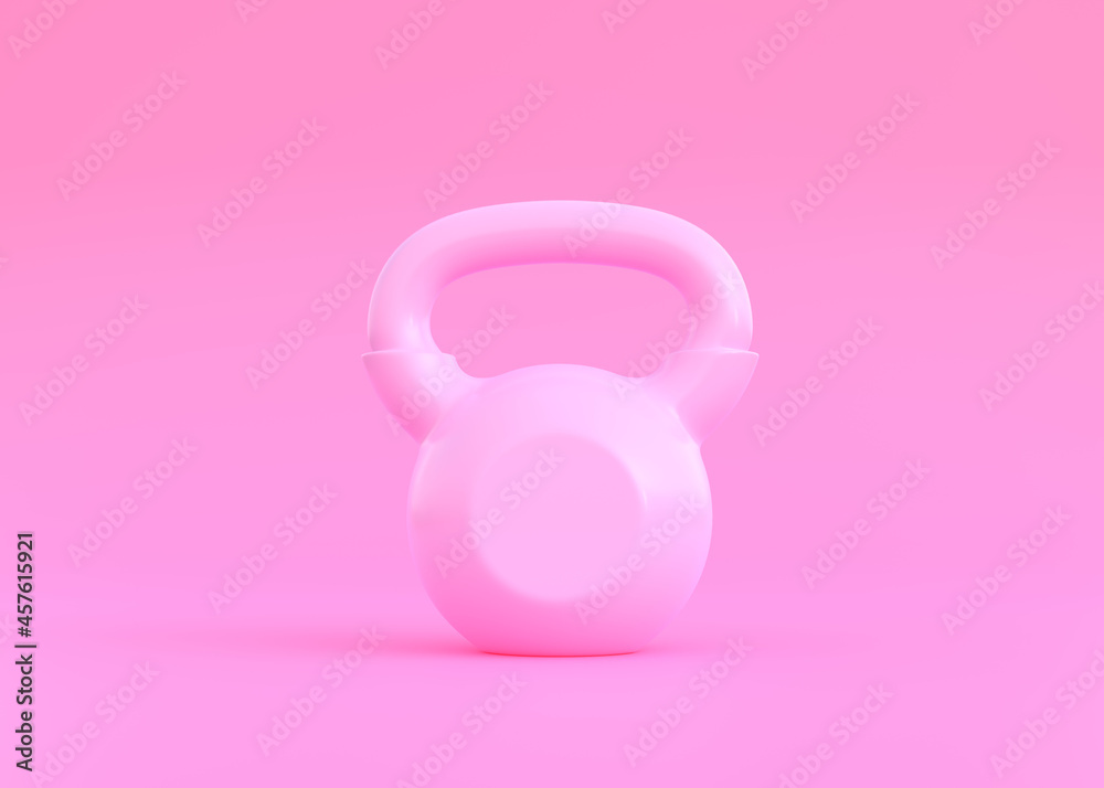 Pink iron kettlebell on pink background. Gym and fitness equipment. Workout tools. Sport training and lifting concept. 3D rendering illustration Pink iron kettlebell on pink background. Gym and fitness equipment. Workout tools. Sport training and lifting concept. 3D rendering illustration