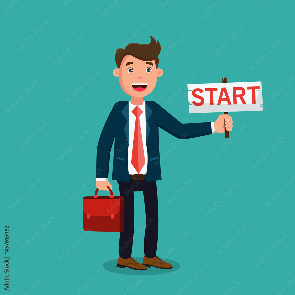 Businessman showing board with text START. Vector illustration. Businessman showing board with text START. Vector illustration.