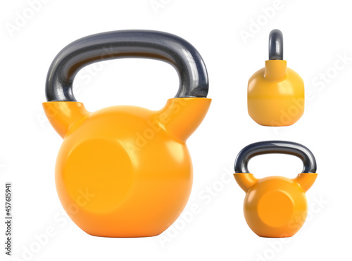 Set yellow iron kettlebell isolated on white background. Gym and fitness equipment. Workout tools. Sport training and lifting concept. 3D rendering illustration