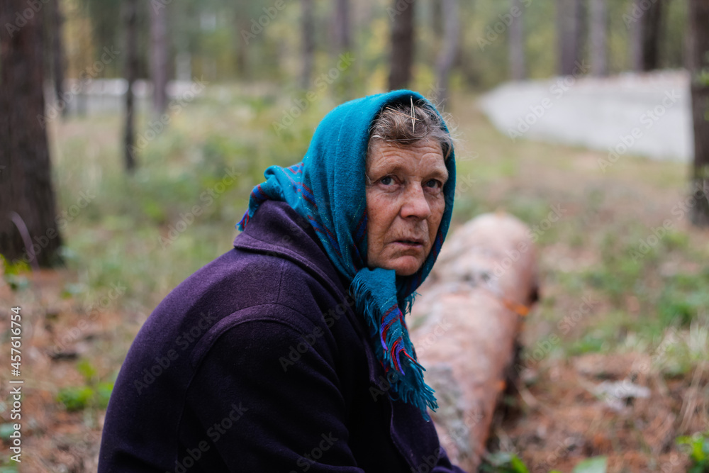 Defocus portrait of russian grandmother senior old woman seating on log in pine autumn forest. Old women in coat and shawl. Sad person. Nature background. Out of focus