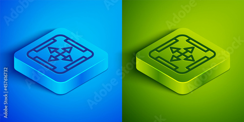 Isometric line Area measurement icon isolated on blue and green background. Square button. Vector