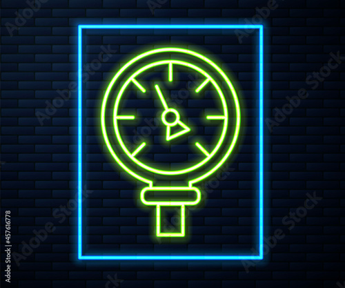 Glowing neon line Pressure water meter icon isolated on brick wall background. Vector