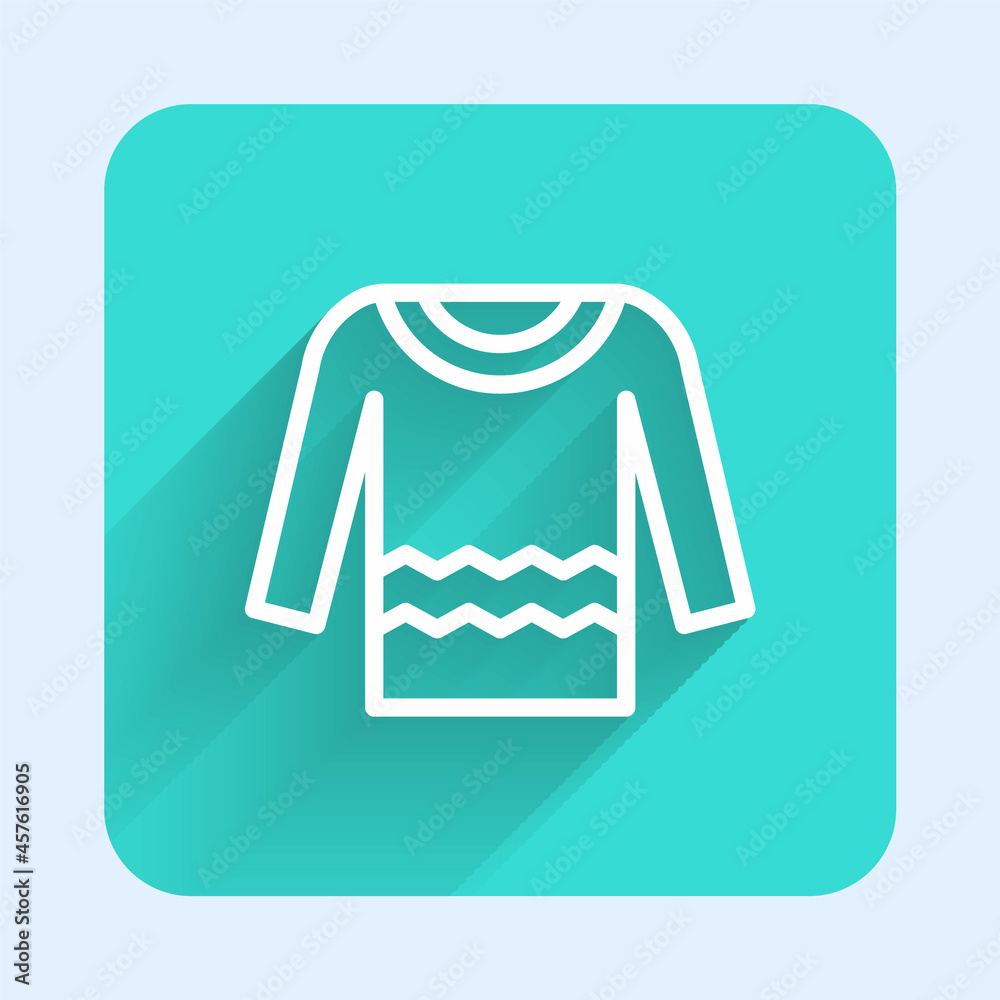 White line Sweater icon isolated with long shadow. Pullover icon. Green square button. Vector