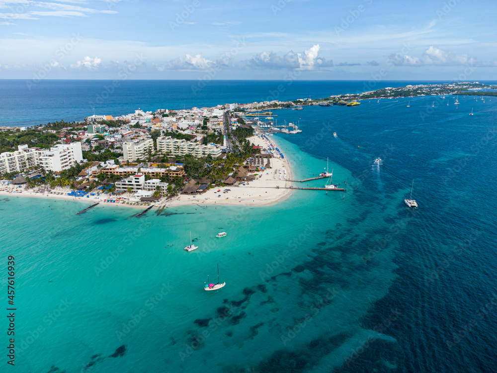 Drone shot of Playa Norte beach the most popular beach in Mexico. located at Isla Mujeres near Cancun