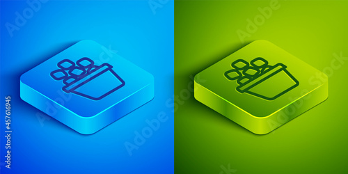 Isometric line Ice bucket filled with ice cubes icon isolated on blue and green background. Square button. Vector