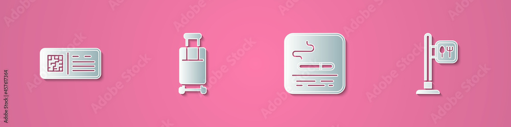 Set paper cut QR code ticket train, Suitcase, Smoking area and Cafe and restaurant location icon. Paper art style. Vector Set paper cut QR code ticket train, Suitcase, Smoking area and Cafe and restaurant location icon. Paper art style. Vector