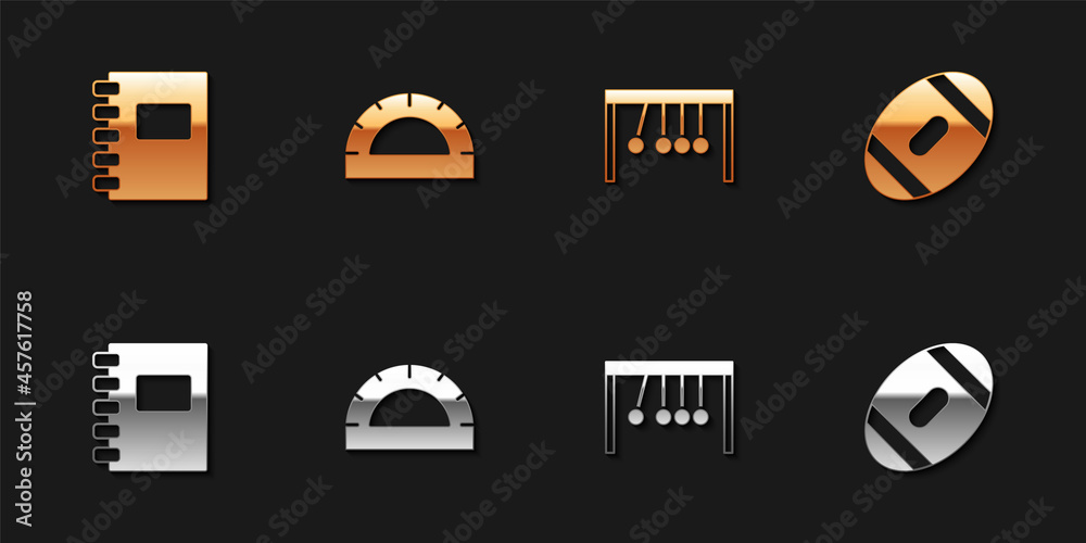Set Spiral notebook, Protractor grid, Pendulum and American Football ball icon. Vector Set Spiral notebook, Protractor grid, Pendulum and American Football ball icon. Vector