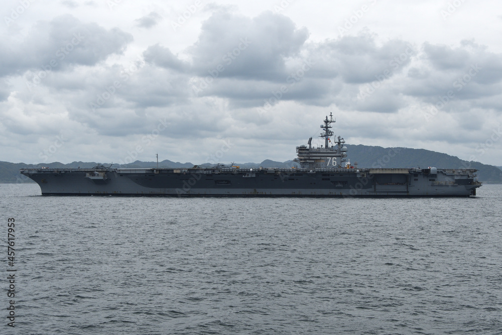 United States Navy aircraft carrier USS Ronald Reagan sailing in Tokyo Bay. United States Navy aircraft carrier USS Ronald Reagan sailing in Tokyo Bay.