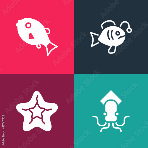 Set pop art Octopus, Starfish, Tropical and icon. Vector