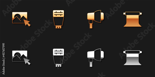 Set Photo retouching, camera flash, Softbox light and Empty photo studio icon. Vector
