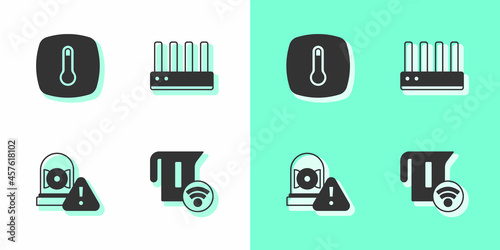 Set Smart electric kettle, Thermostat, Ringing alarm bell and Router and wi-fi signal icon. Vector