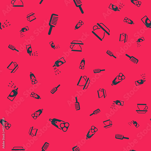 Set Electric razor blade, Hairbrush, Spray can for hairspray and Coffee cup on seamless pattern. Vector