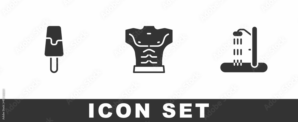 Set Ice cream, Bodybuilder muscle and Beach shower icon. Vector Set Ice cream, Bodybuilder muscle and Beach shower icon. Vector