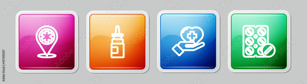 Set line Map pointer with cross hospital, Bottle nasal spray, Heart and Pills blister pack. Colorful square button. Vector Set line Map pointer with cross hospital, Bottle nasal spray, Heart and Pills blister pack. Colorful square button. Vector