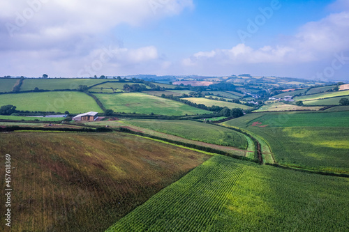 Villages and Fields from a drone, Devon, England, Europe