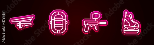 Set line Hang glider, Rafting boat, Paintball gun and Skates. Glowing neon icon. Vector
