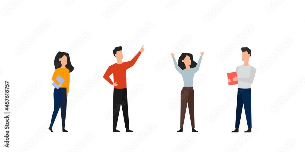 Obraz premium Personas de pie. Hombres y mujeres. Concepto de negocio, equipo de trabajo, grupo. Integrantes o personajes. Ilustración vectorial