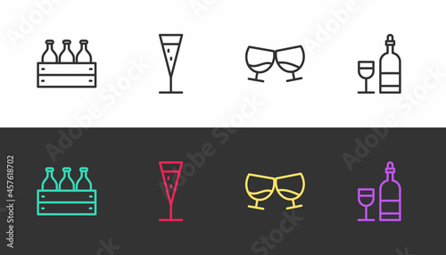 Set line Bottles of wine in a wooden box, Glass champagne, cognac or brandy and Wine bottle with glass on black and white. Vector