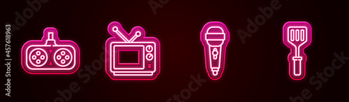 Set line Gamepad, Retro tv, Microphone and Spatula. Glowing neon icon. Vector