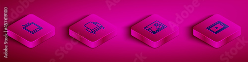 Set Isometric line Retro tv, Cinema chair, Online play video and icon. Vector