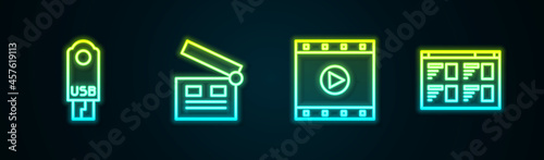 Set line USB flash drive, Movie clapper, Play Video and Online play video. Glowing neon icon. Vector