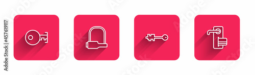 Set line Key, Bicycle lock, Old key and Digital door with long shadow. Red square button. Vector