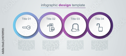 Set line Key, Digital door lock, Bicycle and Open padlock. Business infographic template. Vector