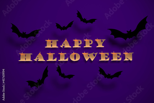 Background 3D render for graphic design for the Halloween holiday with an inscription of letters in the form of candles and with bats.