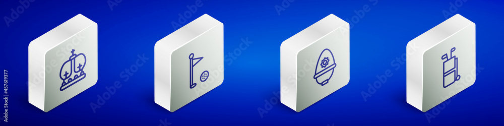Set Isometric line British crown, Golf flag, police helmet and bag with clubs icon. Vector Set Isometric line British crown, Golf flag, police helmet and bag with clubs icon. Vector