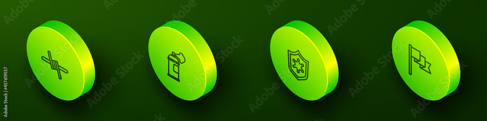 Set Isometric line Barbed wire, Paint spray can, Police badge and Location marker icon. Vector