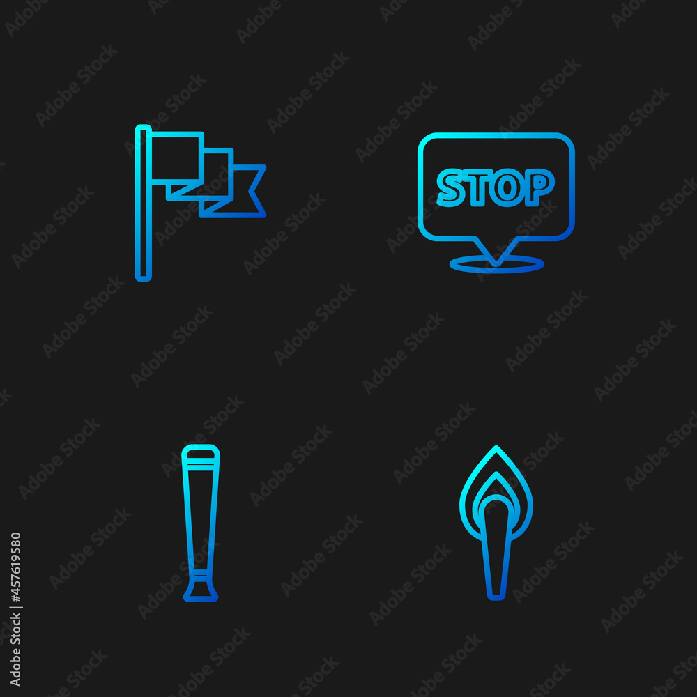 Set line Torch flame, Police rubber baton, Location marker and Protest. Gradient color icons. Vector Set line Torch flame, Police rubber baton, Location marker and Protest. Gradient color icons. Vector