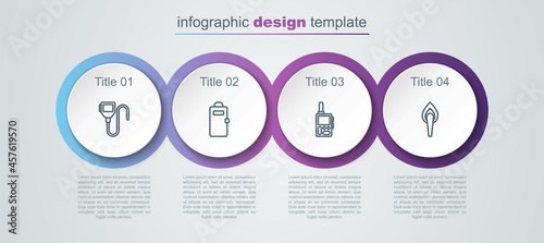 Set line Walkie talkie, Police assault shield, and Torch flame. Business infographic template. Vector