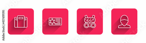 Set line Police assault shield, badge, Gas mask and Vandal with long shadow. Red square button. Vector