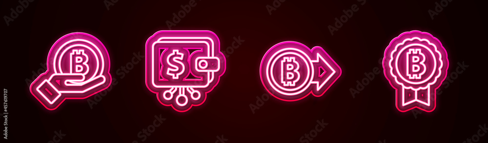 Set line Hand holding Bitcoin, Cryptocurrency wallet, and . Glowing neon icon. Vector Set line Hand holding Bitcoin, Cryptocurrency wallet, and . Glowing neon icon. Vector