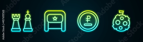 Set line Chess, Ushanka, Rouble, ruble currency and Moon with flag. Glowing neon icon. Vector