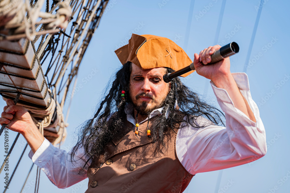 Fototapeta premium funny pirate captain on a pirate ship