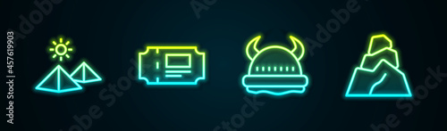 Set line Egypt pyramids, Museum ticket, Viking in horned helmet and Rock stones. Glowing neon icon. Vector