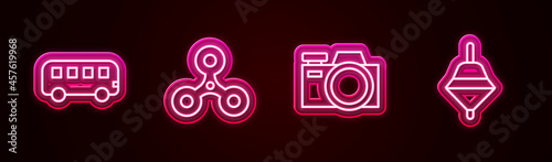 Set line Bus toy, Fidget spinner, Photo camera and Whirligig. Glowing neon icon. Vector