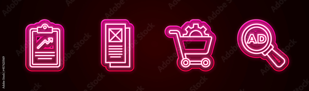 Set line Clipboard with graph chart, Browser window, Shopping cart and Advertising. Glowing neon icon. Vector Set line Clipboard with graph chart, Browser window, Shopping cart and Advertising. Glowing neon icon. Vector
