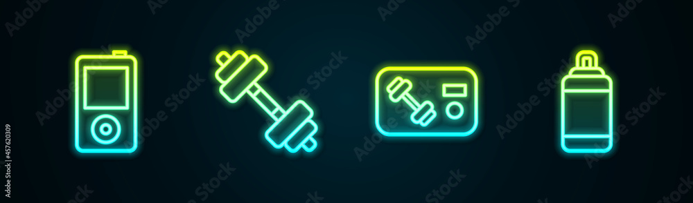 Set line Music player, Dumbbell, Fitness club, gym card and Punching bag. Glowing neon icon. Vector Set line Music player, Dumbbell, Fitness club, gym card and Punching bag. Glowing neon icon. Vector