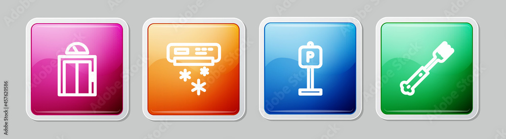 Set line Lift, Air conditioner, Parking and Fork. Colorful square button. Vector Set line Lift, Air conditioner, Parking and Fork. Colorful square button. Vector