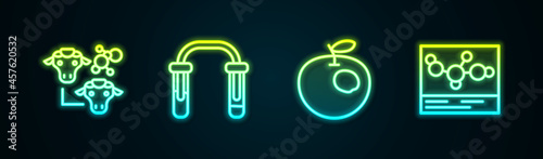 Set line Cloning, Test tube and flask, Genetically modified apple and Chemical formula. Glowing neon icon. Vector