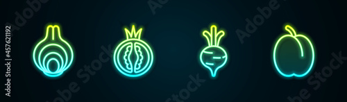 Set line Onion, Tomato, Beet and Plum fruit. Glowing neon icon. Vector