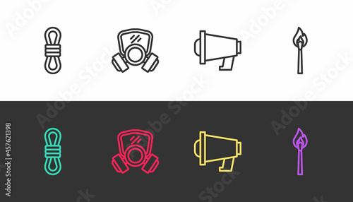 Set line Climber rope, Gas mask, Megaphone and Burning match with fire on black and white. Vector